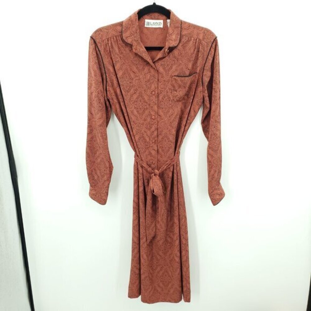 VTG Lanvin Peter Pan Collar Paisley Long Sleeve Midi Shirt Dress 12 Red/Orange